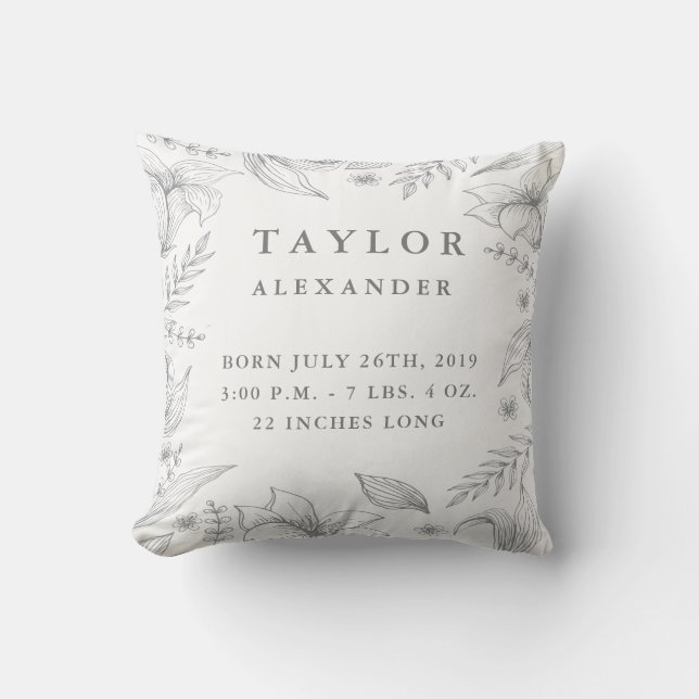 Jardin floral gris Baby Stats Nursery Coussin (Recto)
