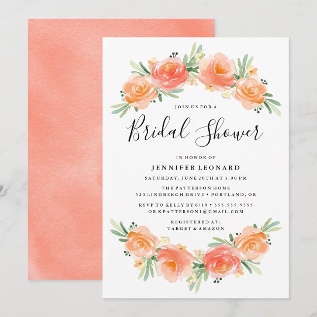 Jardin Floral Pêche | Invitation de douche nuptial (Devant / Derrière)