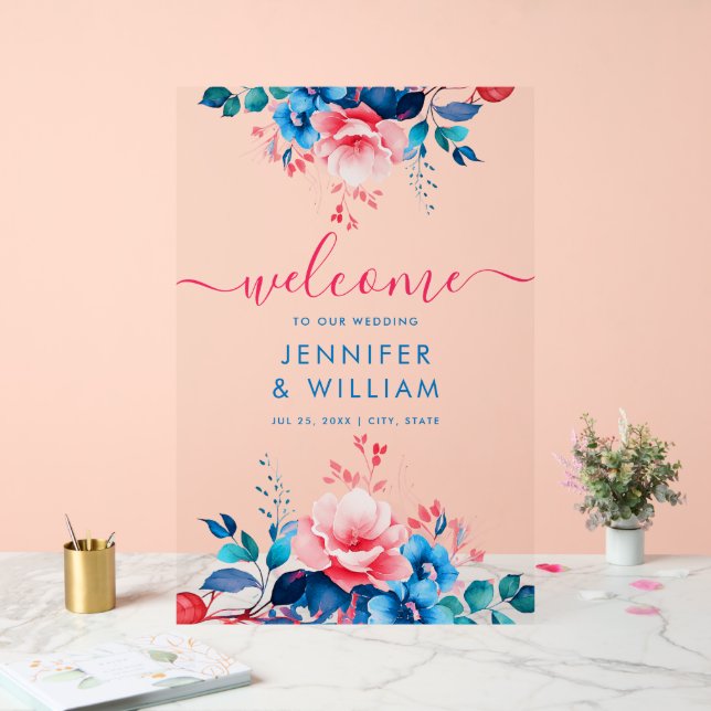 Jardin Floral Script Mariage Bienvenue Bleu & Rose (Mariage)