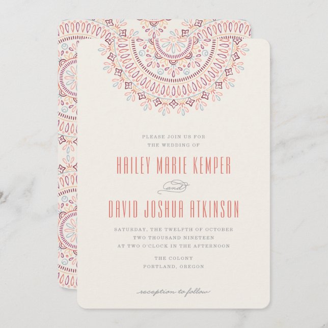 Jardin Mandala Wedding Invitation - Coral (Front/Back)