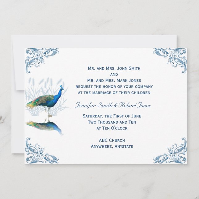 Jardin Peacock en Faire-part de mariage Bleu Blanc (Devant)