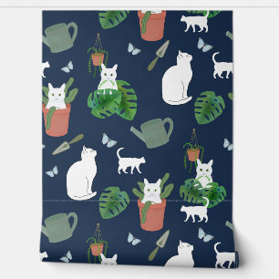 Jardinage Chats Kitty blanc et Plantes sur Mur Ble