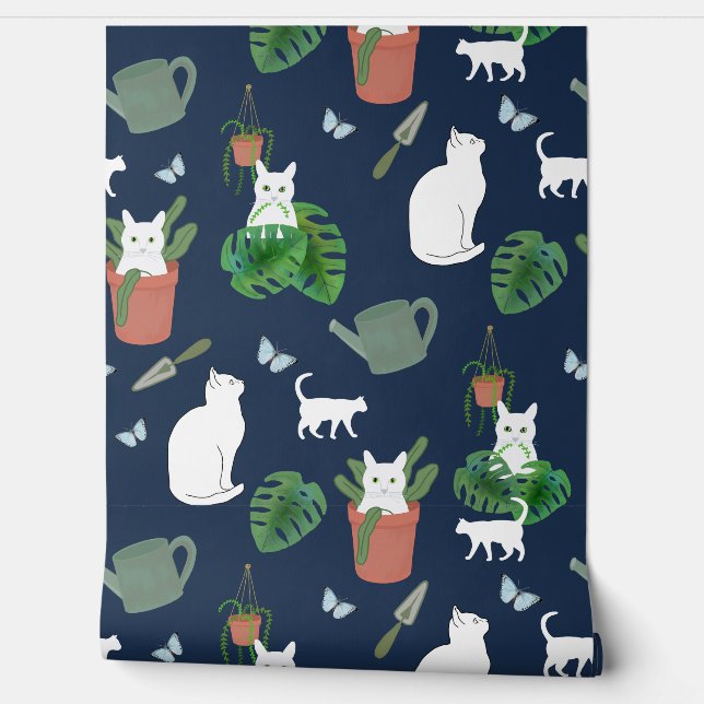 Jardinage Chats Kitty blanc et Plantes sur Mur Ble (Déroulement)