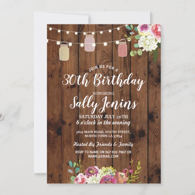 Jars Birthday Party Rustic Wood Floral Invite (Front)