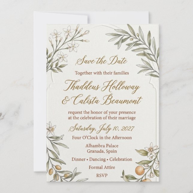 Jasmine Blossoms, Olive Branches, Citrus Oranges,  Invitation (Front)