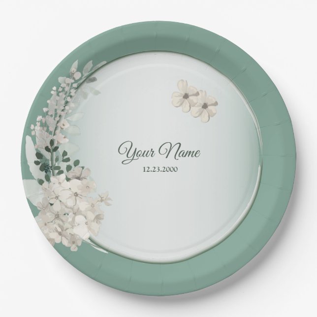 Jasmine Floral Green Geometric Wedding Party Paper Plate (Front)