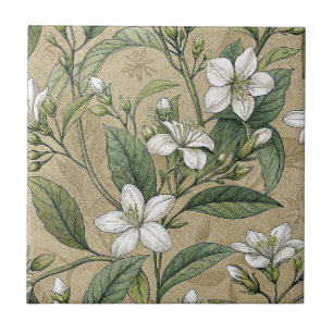 Jasmine flowers vintage botanicals beige seamless tile