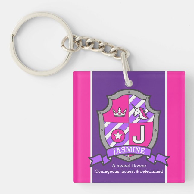Jasmine name meaning letter J unicorn crest custom Keychain (Front)