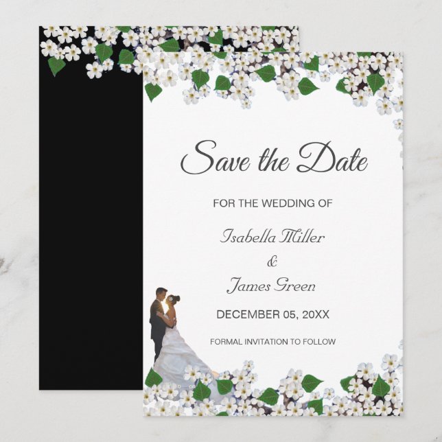 Jasmine on Black & White Wedding Save the Date Card (Front/Back)