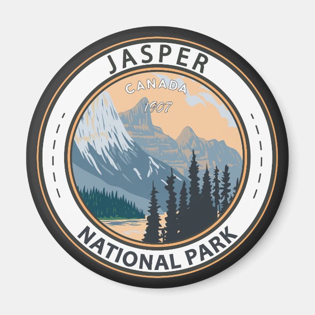 Jasper National Park Canada Travel Vintage Badge Magnet (Front)