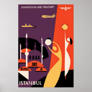 JAT Yugoslav Airlines Istanbul Travel Poster