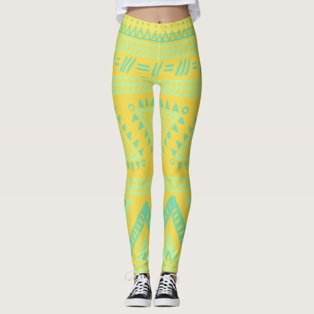 Jaune Aqua Leggings Motifs tribaux (Devant)