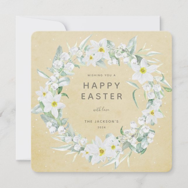 Jaune+Blanc Floral Wreath Happy Pâques Carte Plat (Devant)