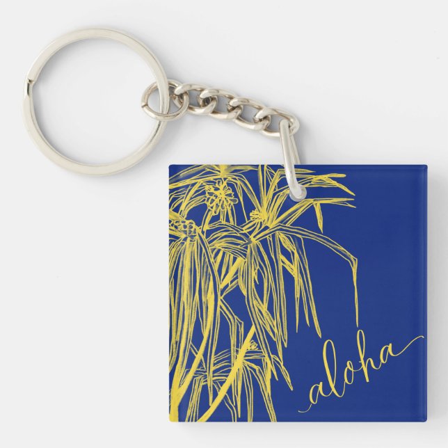 Jaune  Bleu Hau Tree Aloha Square Porte-clés Mini (Devant)