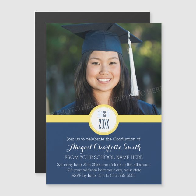 Jaune Blue Modern Graduation Party Carte magnétiqu (Devant / Derrière)