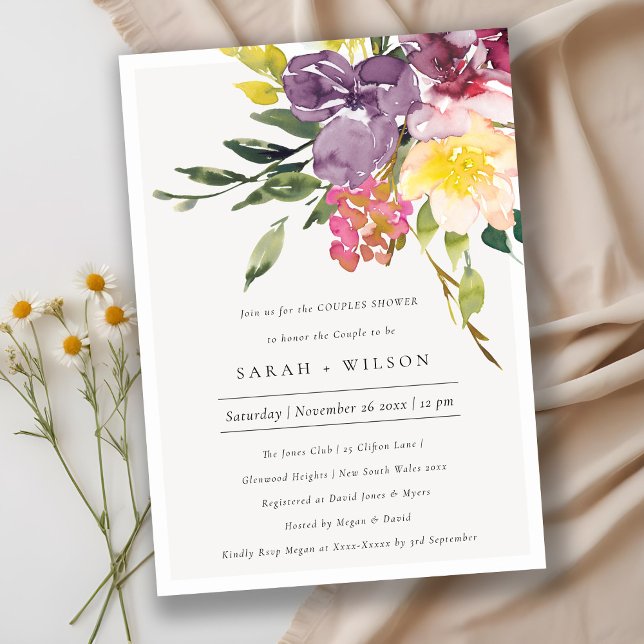 Jaune Blush Bourgogne Floral Couples Invitation de (Créateur téléchargé)