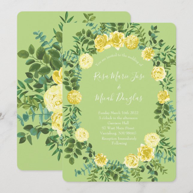 Jaune clair vert pâle Rose de mariage Invitations (Devant / Derrière)