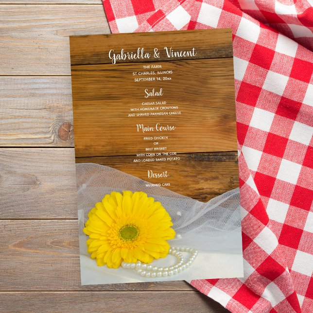 Jaune Daisy and Pearls Country Barn Menu Mariage (Créateur téléchargé)