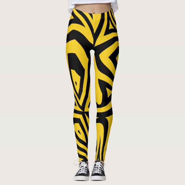 Jaune et noir Stripes Jaune Femmes Leggings (Devant)