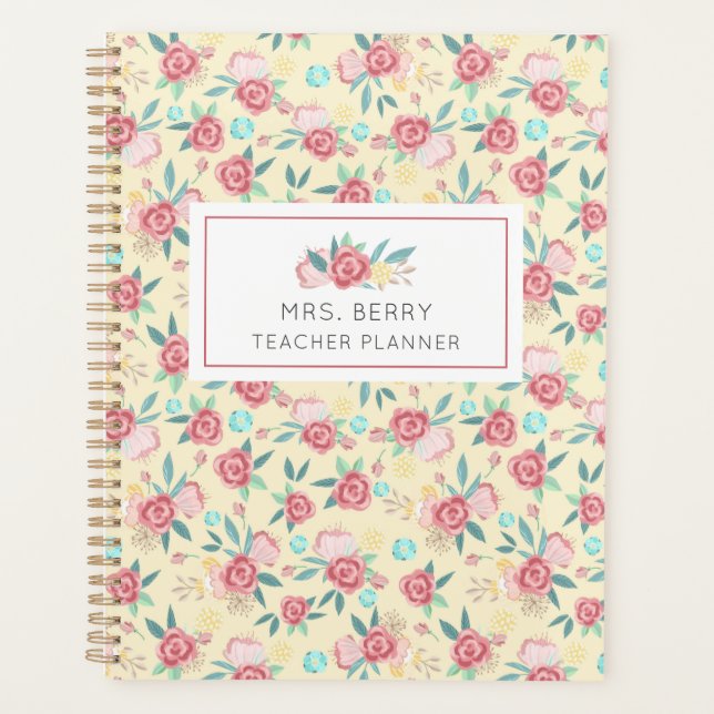 Jaune et rose Floral enseignant planificateur (Devant)