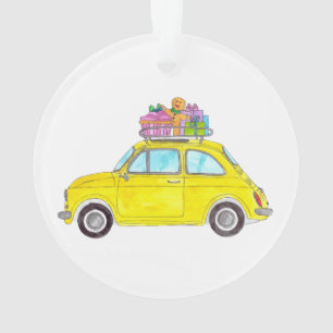Jaune Fiat 500 cadeaux de Noël Aquarelle