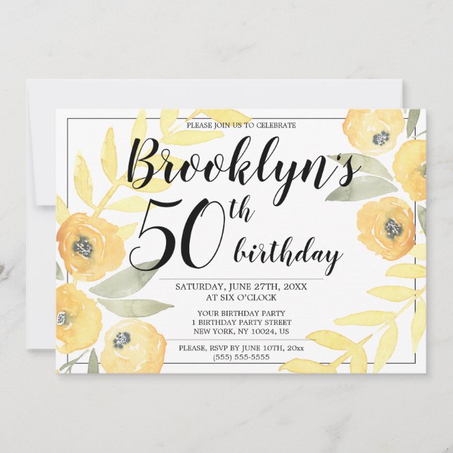 Jaune Floral Anniversaire Invitations Script (Devant)