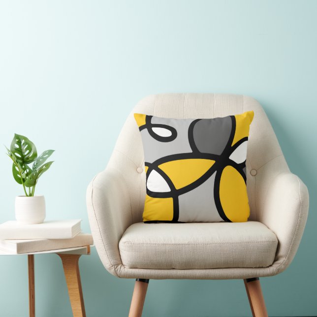Jaune Gris Noir Blanc Abstrait Oreiller (Chaise)