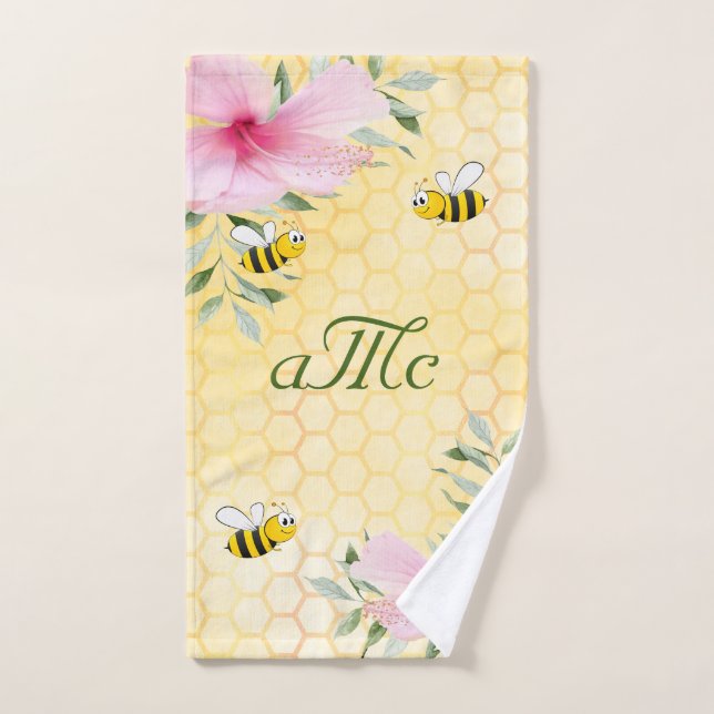 Jaune nid d'abeille rose couple de fleurs monogram (Serviette à main)