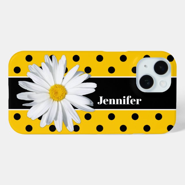 Jaune, Pois noirs, coque iphone Fleur marguerite (Verso (horizontal))