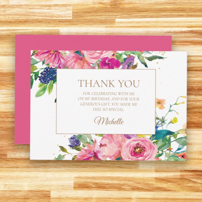 Jaune rose Floral Anniversaire Horizontal Merci (Pink and blue watercolor floral birthday party Thank You card)