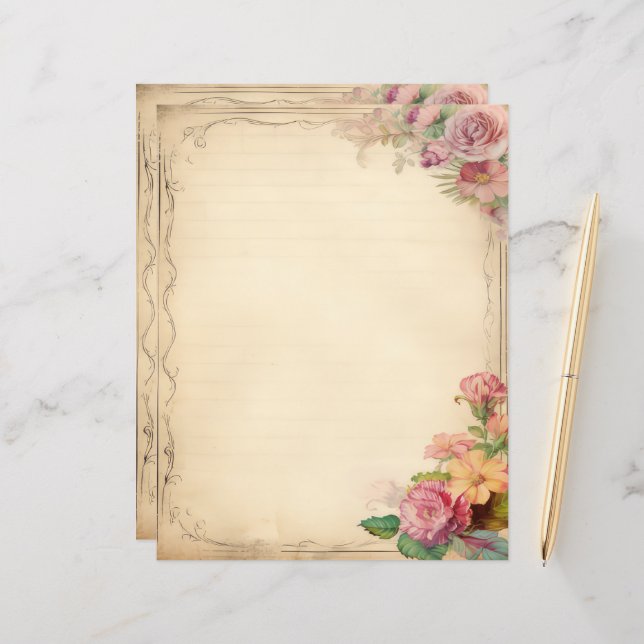 Jaune rose floral junk Journal antique papeterie (Devant/Arrière en situation)