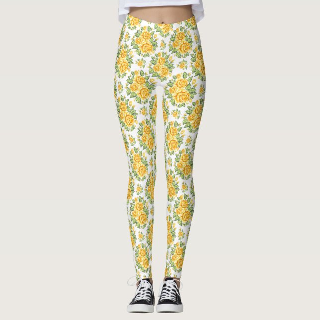 Jaune Roses Motifs Leggings (Devant)