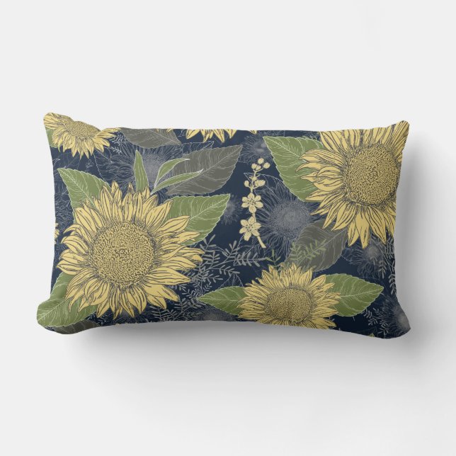 Jaune Tournesol Floral Marine Bleu Lumbar Coussin (Recto)