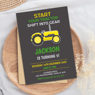 Jaune Tracteur noir Invitations d'anniversaire