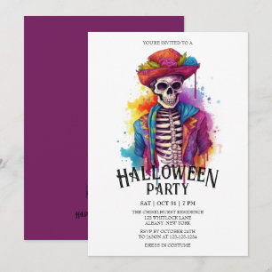 Jaunty Skeleton Vibrant Watercolor Halloween Party Invitation