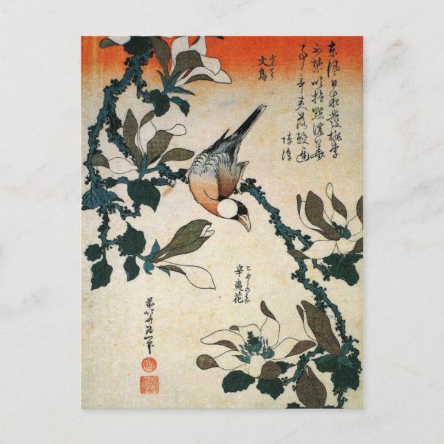 Java Sparrow and Kobushi Magnolia (by Hokusai) Postcard (Front)