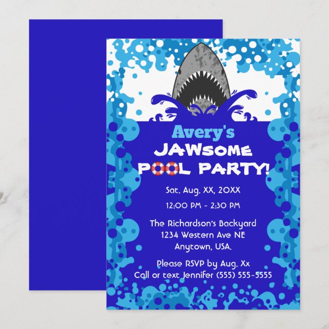 Jawsome Shark Themed Pool Party Birthday Invitation (Front/Back)