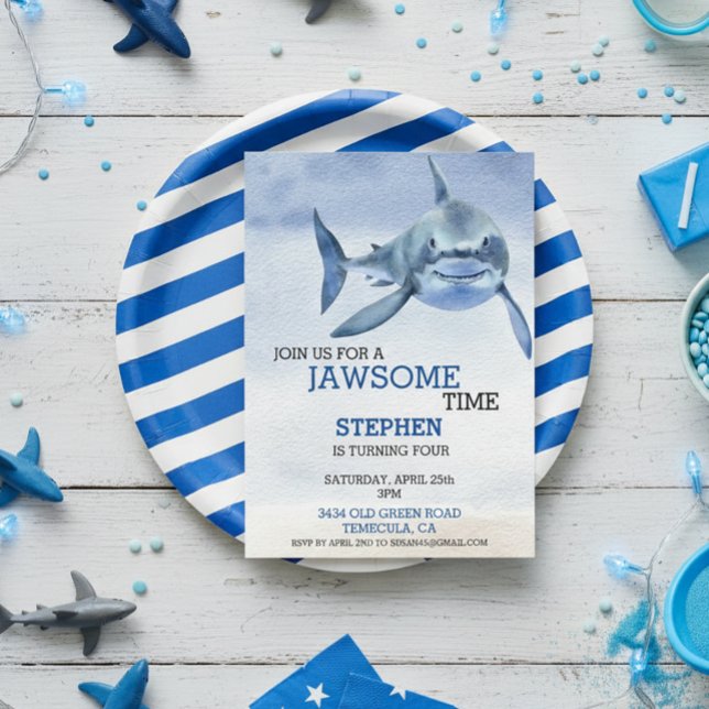 JawSome Time Great White Shark Birthday Watercolor Invitation (Creator Uploaded)