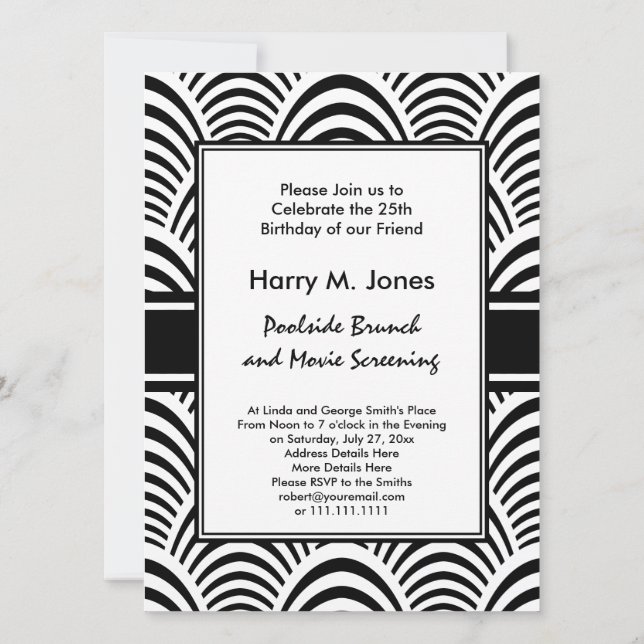 Jazz Age Art Deco Elegance Black and White Invitation (Back)