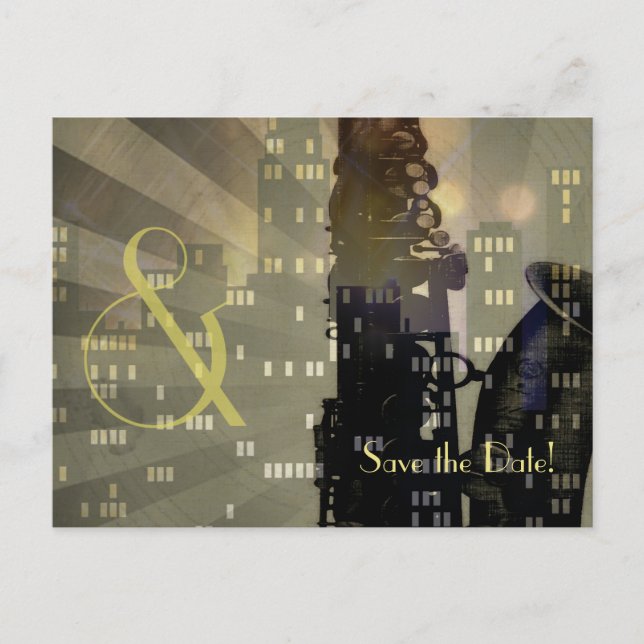 Jazz Age Saxophone City Skyline Wedding Set Announcement Postcard (Front)
