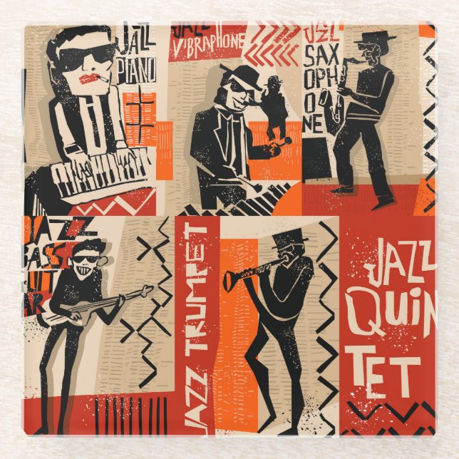 Jazz Band Cool Vintage Poster Glass Coaster (Front)