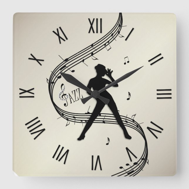 Jazz Dance Roman Numerals Golden Square Wall Clock (Front)