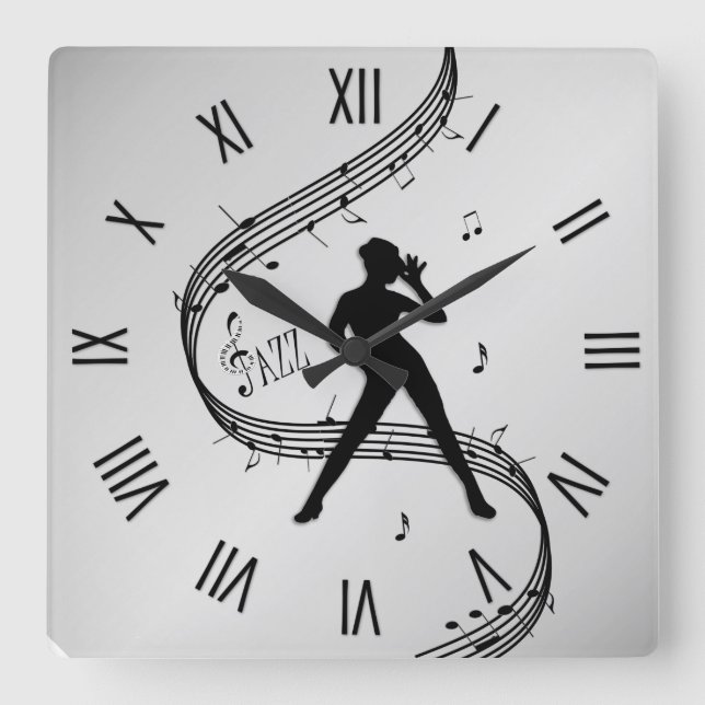 Jazz Dance Roman Numerals Silver Square Wall Clock (Front)