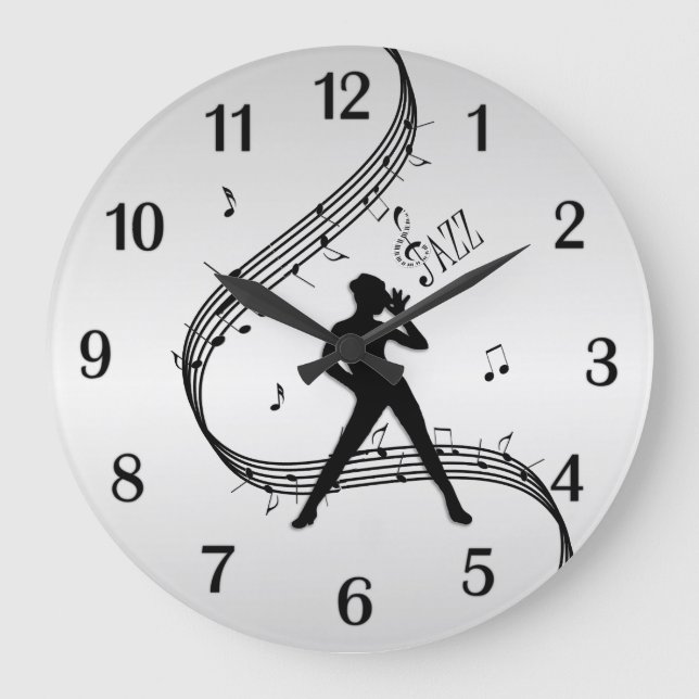 Jazz Dance Silver Black Numbers Large Clock (Front)