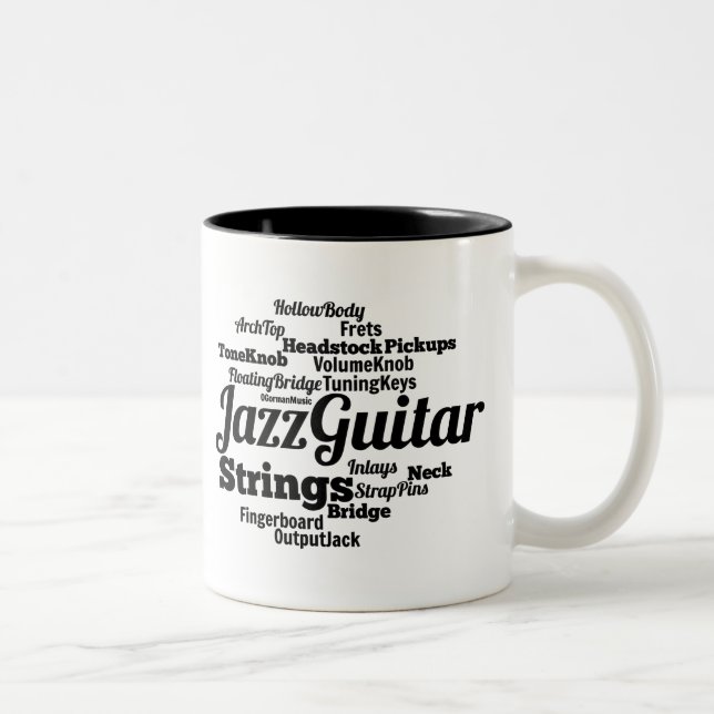 Jazz Guitar Word Cloud Black Text Two-Tone Coffee Mug (Right)