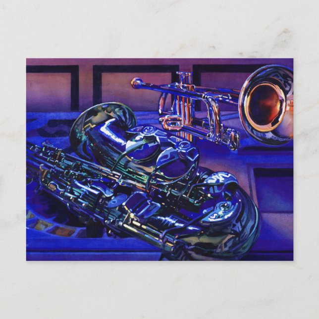 "Jazz In Blues" Musical Instruments Watercolor Postcard (Front)