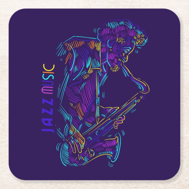 Jazz Music Abstract Neon Drawing Square Paper Coaster (Front)