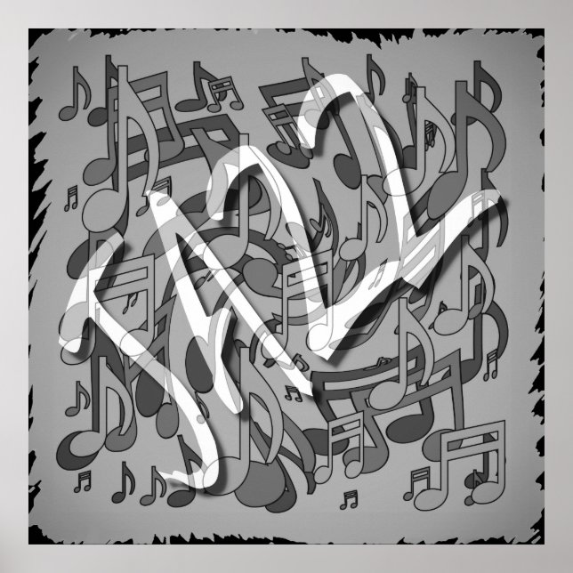 Jazz Music Pattern Dancing Swirling Notes BW Poster (Front)