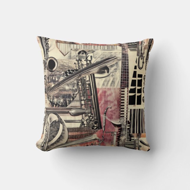 Jazz Music Saxophone 1920s Dadaist Style Throw Pillow (Front)