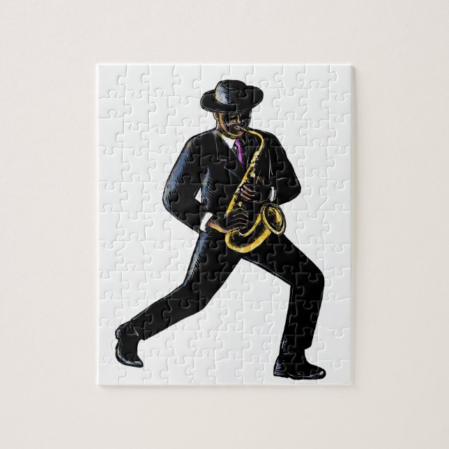 Jazz Musician Playing Saxophone Scratchboard Jigsaw Puzzle (Vertical)